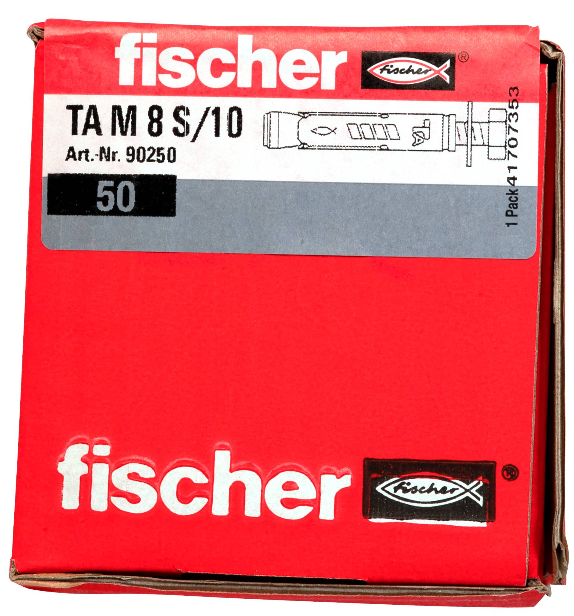 Boîte Fischer rouge portant l'étiquette « TA M 8 S/10 » avec 50 pièces, montrant une illustration de manchon à ancre et le numéro de produit 90250.