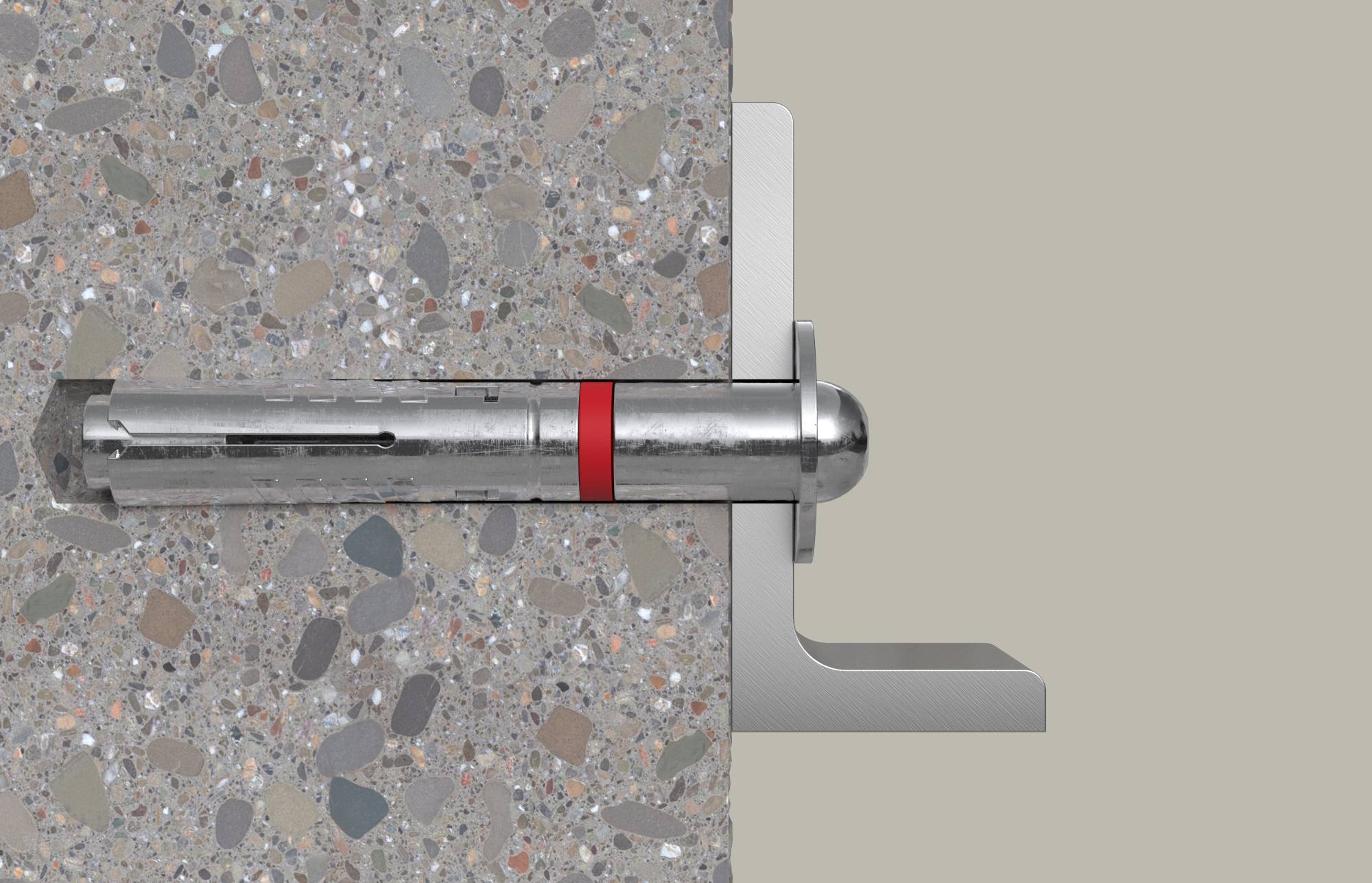 Vue latérale d'un ensemble de boulon d'ancrage d'expansion métallique enfoncé dans un mur en béton, avec un manchon d'expansion rouge et un support de montage en saillie vers l'extérieur.