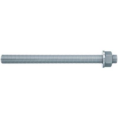 Un long boulon métallique fileté avec un écrou et une rondelle à une extrémité, montré horizontalement sur un fond blanc.