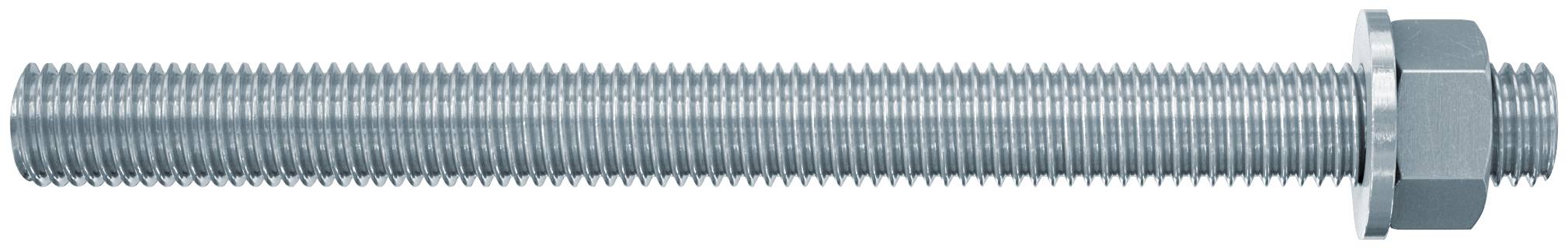 Une longue tige métallique filetée avec un écrou hexagonal et une rondelle sur l'extrémité droite.