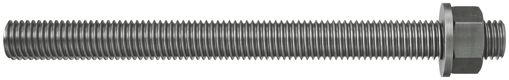 Un long boulon en métal filetée avec un écrou et une rondelle à l'extrémité droite, montré horizontalement sur un fond blanc.