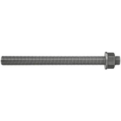 Un long boulon en métal filetée avec un écrou et une rondelle à l'extrémité droite, montré horizontalement sur un fond blanc.