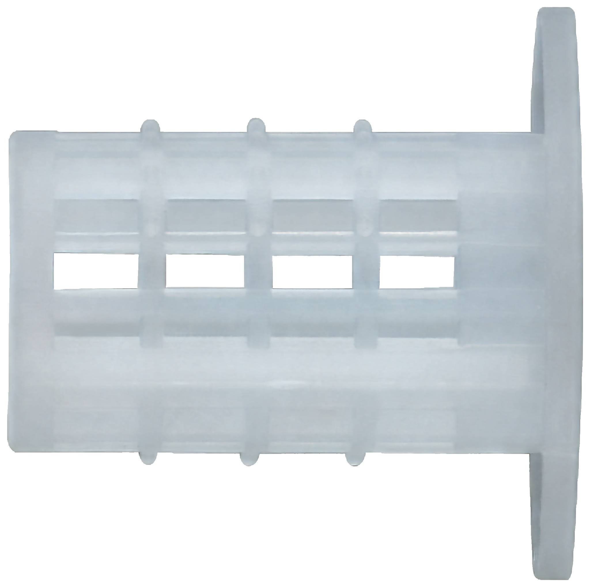 Boîtier de connecteur électrique en plastique translucide avec quatre ouvertures rectangulaires et des languettes latérales, montré sur un fond blanc.