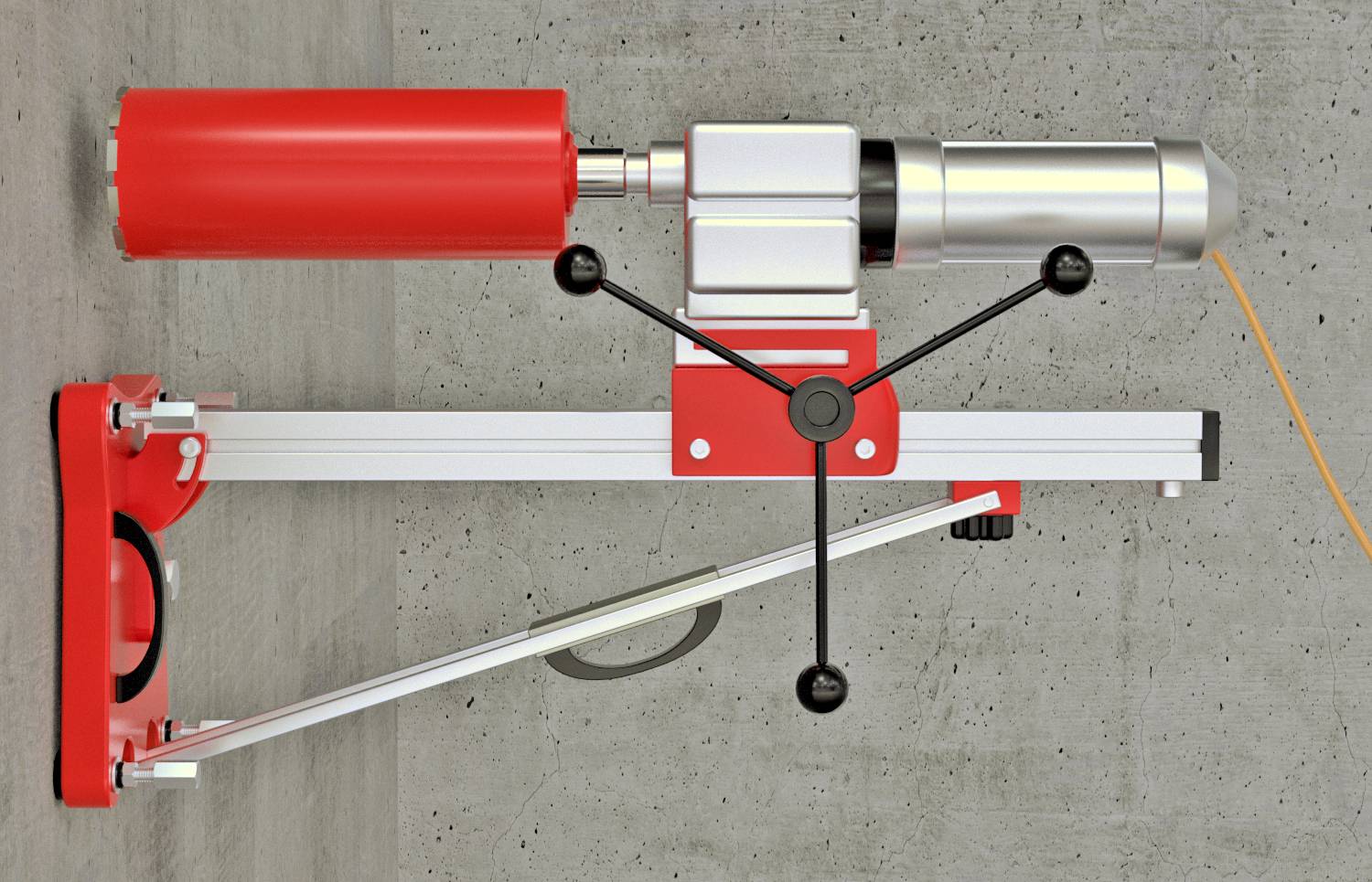 Appareil industriel monté au mur avec un moteur rouge et un cylindre argenté, connectés à un rail coulissant et un bras de support diagonal.