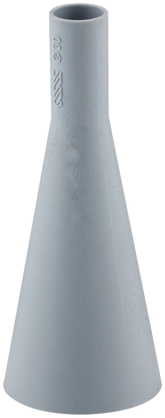 Raccord réducteur en tuyau PVC gris, de forme conique, s'élargissant d'une ouverture supérieure étroite à une ouverture inférieure plus large.