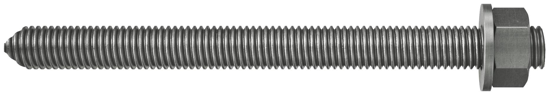 Un long boulon métallique fileté avec un écrou hexagonal et une rondelle à une extrémité, présenté horizontalement sur un fond blanc.