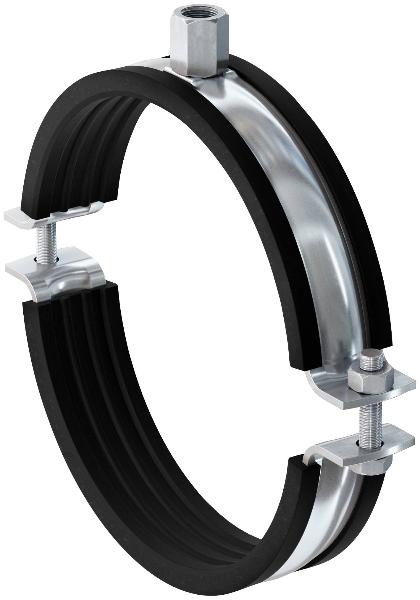 Collier de tuyau métallique avec doublure en caoutchouc noir et boulons ajustables, utilisé pour fixer un tuyau ou un conduit