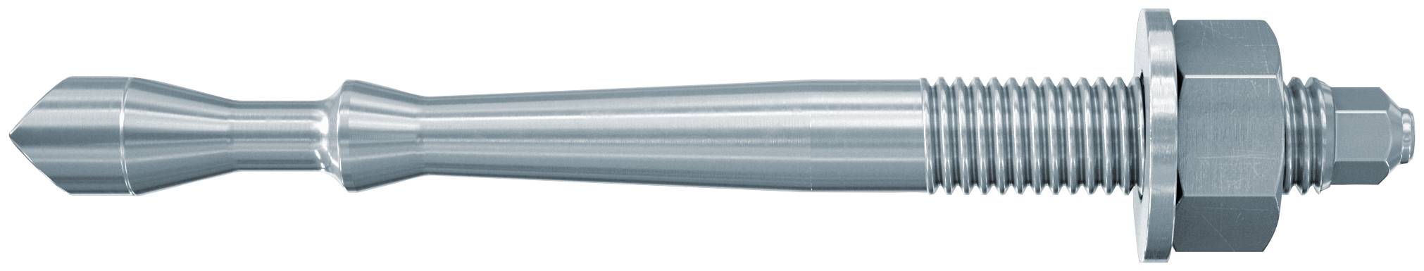 Boulon fileté en métal avec une pointe conique effilée, une tige lisse et un écrou hexagonal sur la droite, présenté sur un fond blanc.