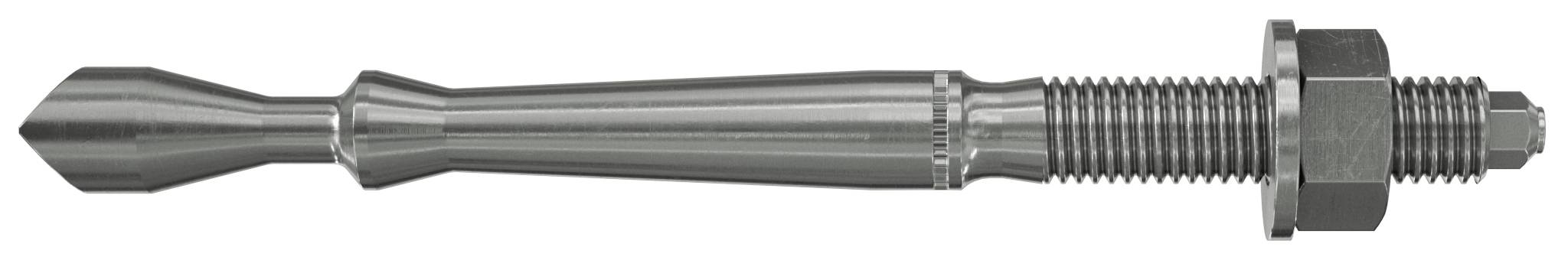 Boulon d'ancrage à expansion métallique avec manchon conique, extrémité filetée et écrou hexagonal pour fixer les accessoires dans la maçonnerie ou le béton.