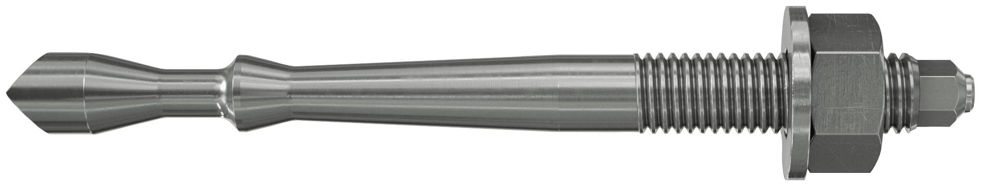 Fastening métallique filetée avec une tige conique lisse et une tête pointue, présentée horizontalement sur un fond blanc.