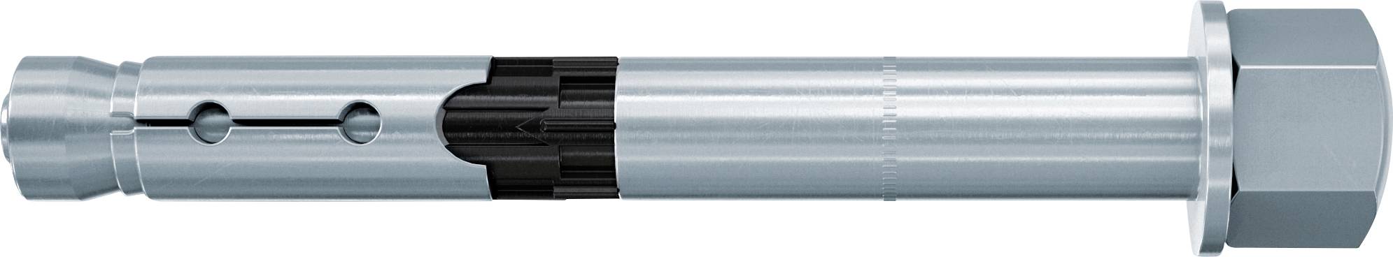 Connecteur cylindrique métallique ou axe avec un capuchon d'extrémité hexagonal et une bague de verrouillage noire au milieu, présenté sur un fond blanc.