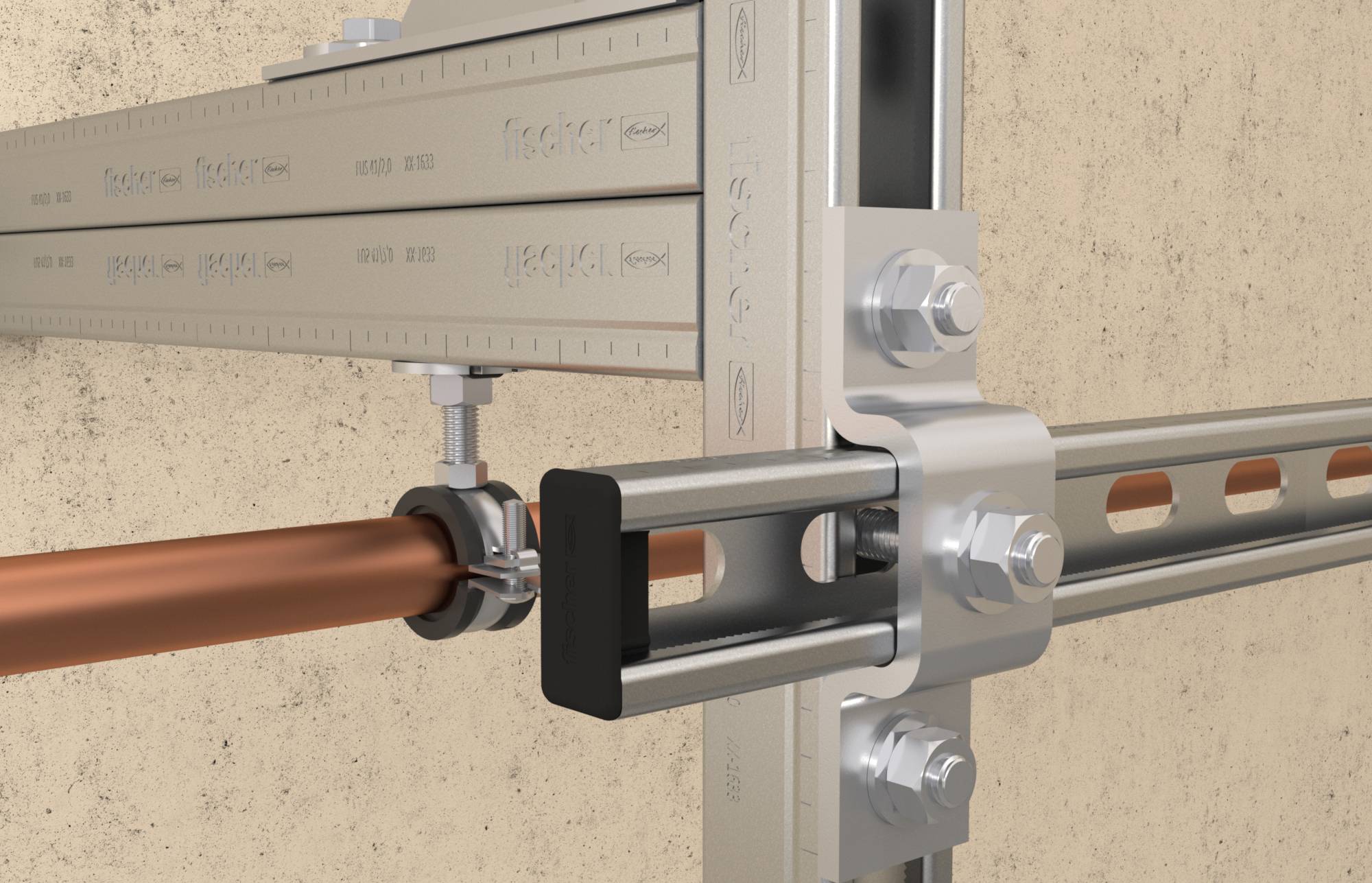 Tuyau en cuivre maintenu par un collier métallique à un rail de support fixé au mur, aligné avec un support vertical contre un mur en béton.