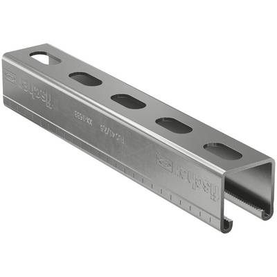 Tube ou canal métallique rectangulaire gris avec cinq découpes ovales le long du haut et une extrémité ouverte et fendée.