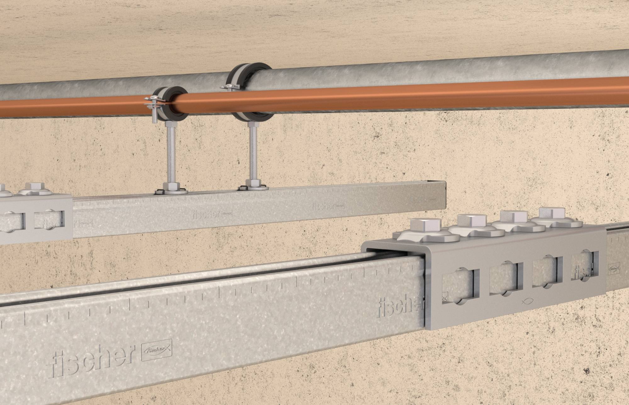 Système de chemin de câbles métalliques et de supports fixés à un mur, avec conduit orange et colliers de soutien sécurisés