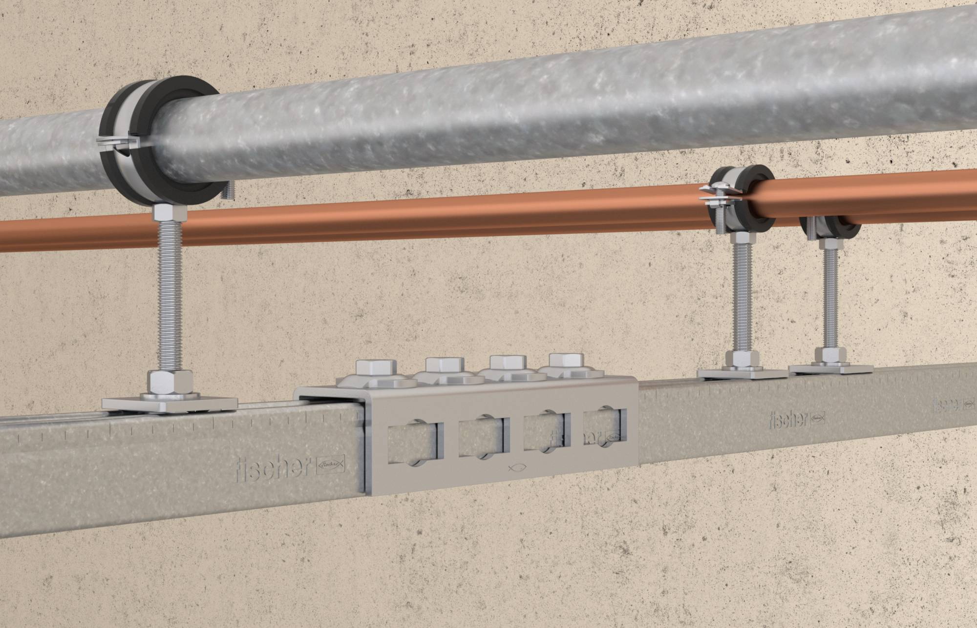 Rendu 3D de tuyaux fixés à un mur en béton avec des colliers métalliques et un support de tuyau central.
