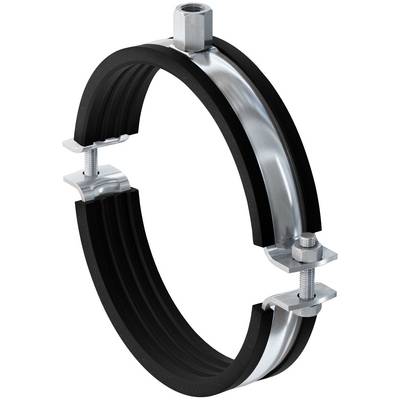 Un collier de tuyauterie métallique avec revêtement en caoutchouc noir et boulons réglables, utilisé pour sécuriser un tuyau ou un conduit circulaire.