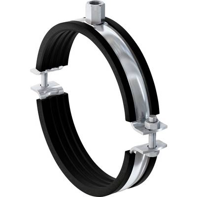 Collier de tuyau en métal avec doublure en caoutchouc, montré ouvert en forme circulaire avec boulons et matériel de montage.