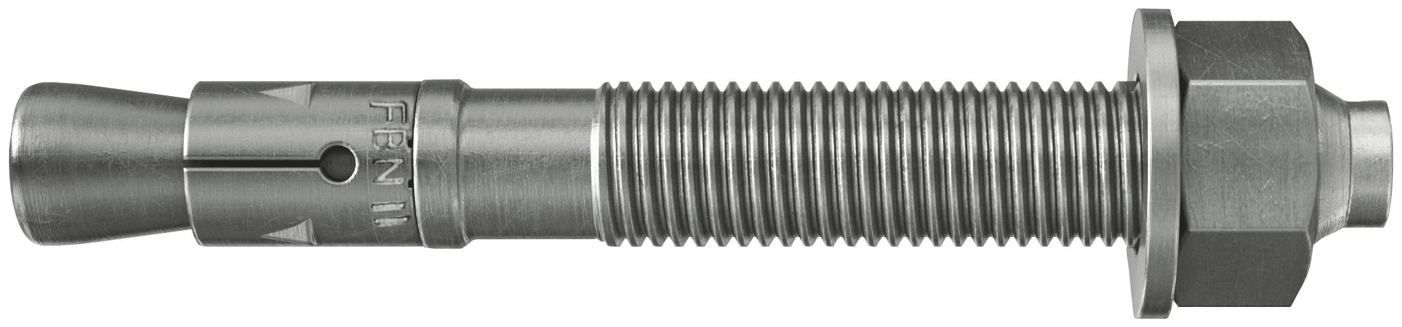 Boulon d'expansion métallique avec tige filetée, manchon en forme de cône et écrou hexagonal sur un fond blanc.