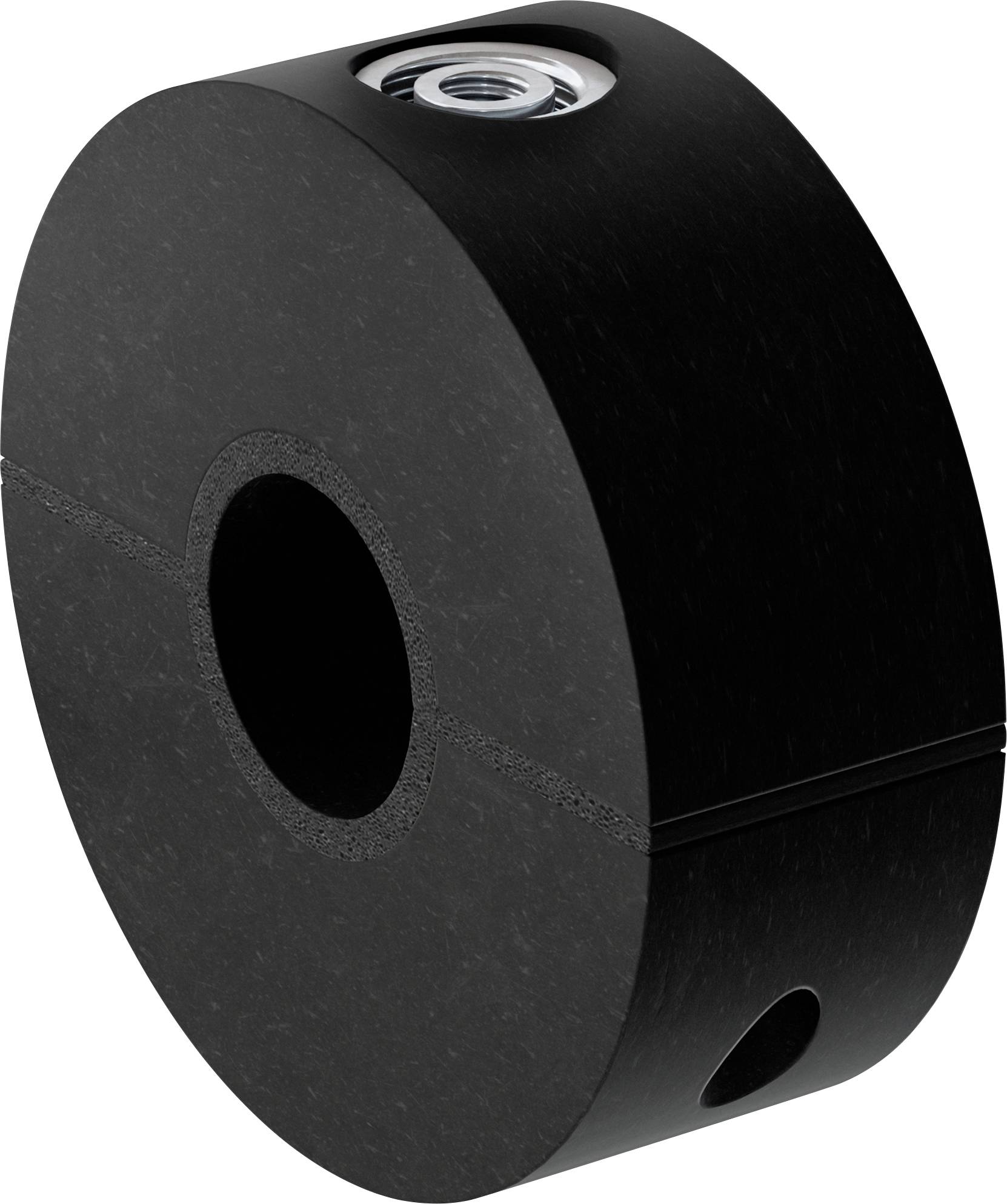 Rouleau industriel cylindrique noir avec un trou central et un insert filetté métallique sur le dessus, présenté sur un fond blanc.