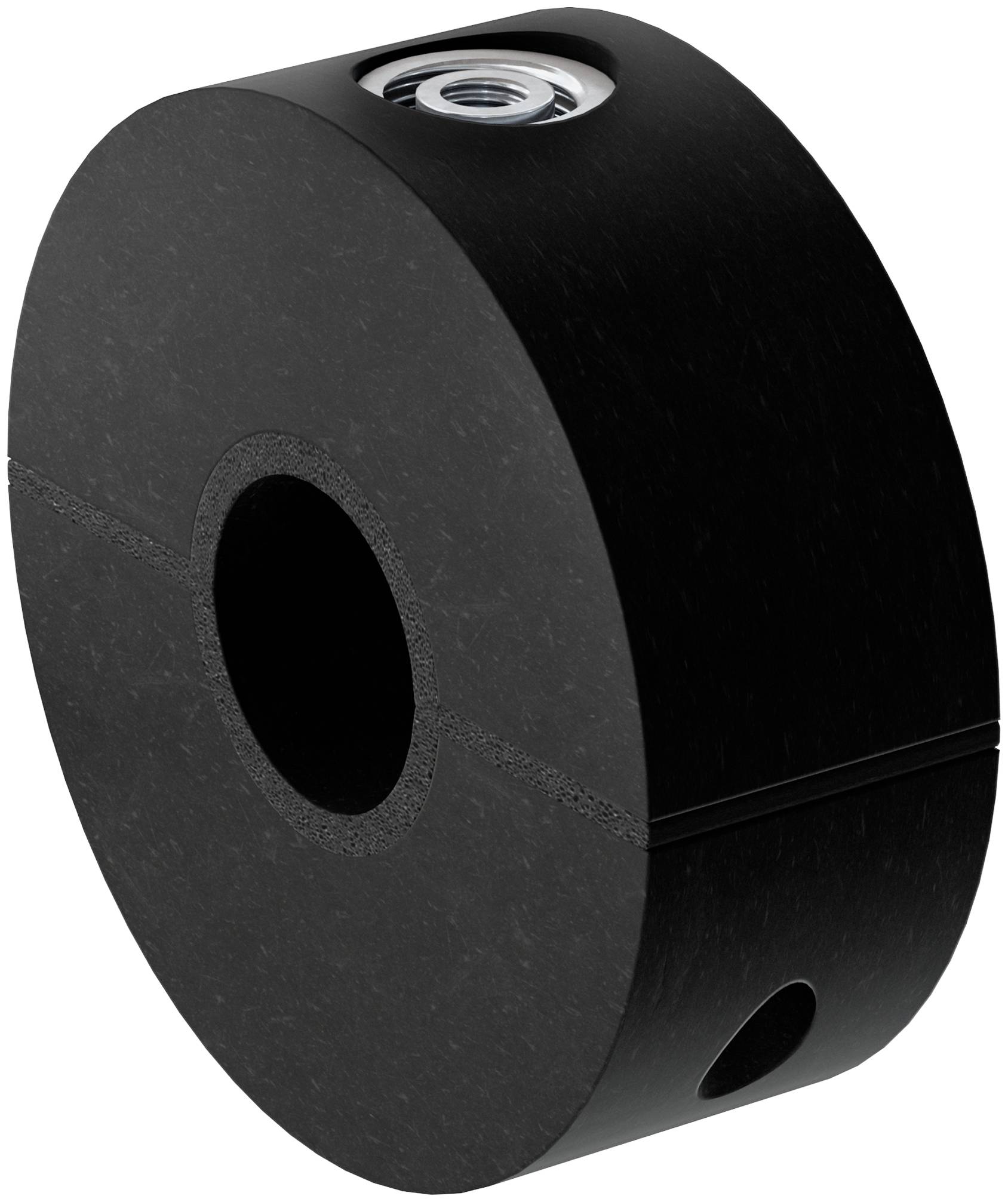 Rouleau ou roue cylindrique industriel noir avec un trou central et un insert de roulement en métal, présenté isolé sur un fond blanc.