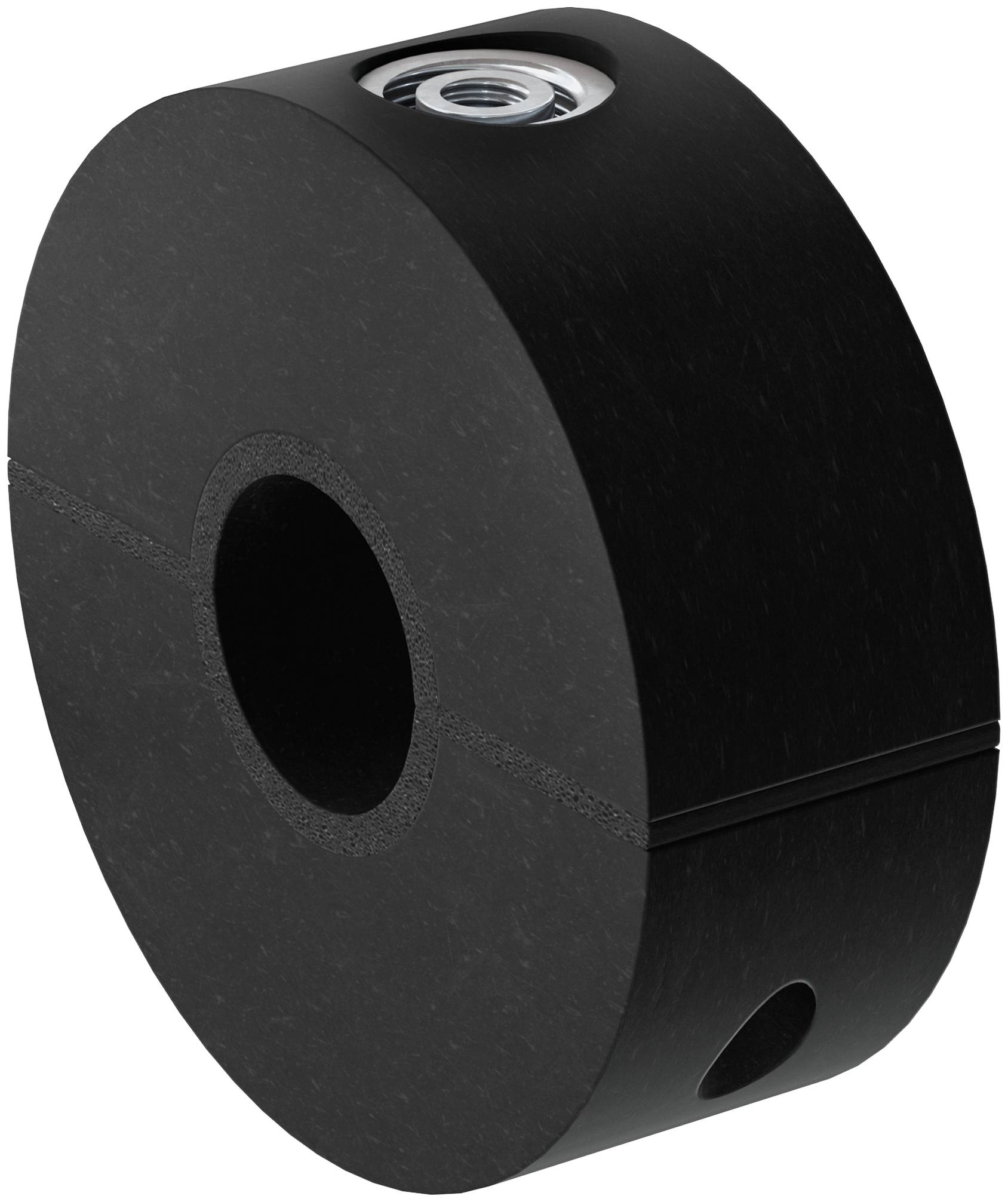 Rouleau cylindrique noir en caoutchouc avec un trou central et une insertion métallique sur le dessus, présenté isolé sur fond blanc.