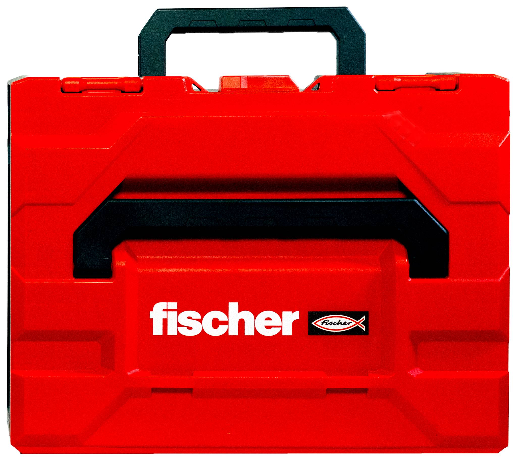 Boîtier de transport en plastique de marque Red Fischer avec une poignée noire, centré sur un fond blanc.