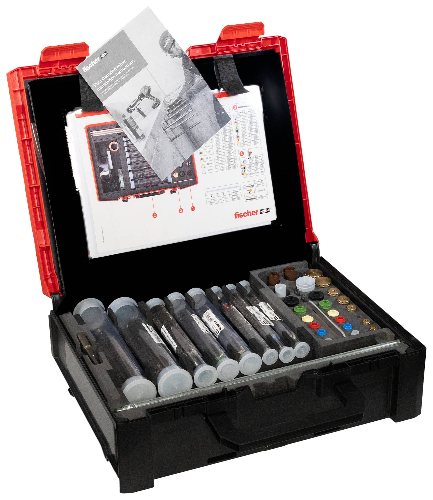 Mallette à outils noire et rouge ouverte contenant un assortiment de chevilles fischer, de boulons, de vis et de manuels d'instructions à l'intérieur.