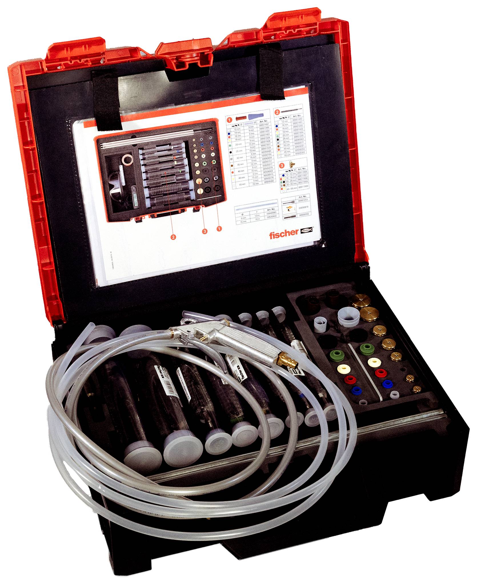 Étui noir et rouge ouvert contenant des tubes à essai assortis, des câbles et des connecteurs, avec une feuille d'instructions Fisher à l'intérieur du couvercle.