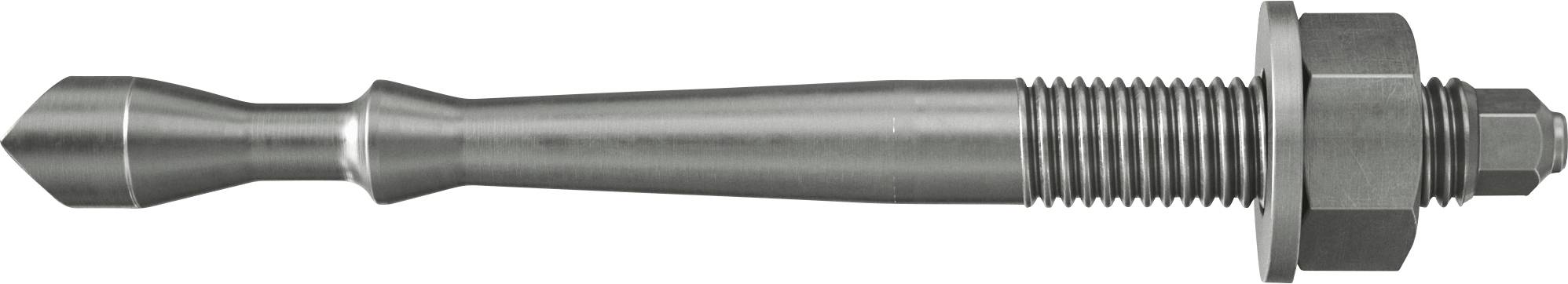 Boulon filetté en métal avec une tête conique et un écrou hexagonal sur fond blanc.