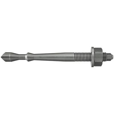 Boulon ou élément de fixation en métal avec une tête pointue et conique et une extrémité filetée, présenté horizontalement sur un fond blanc.