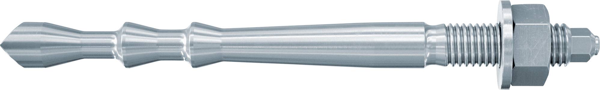 Buse filetée métallique ou boulon avec un écrou hexagonal et une pointe conique sur un fond blanc.