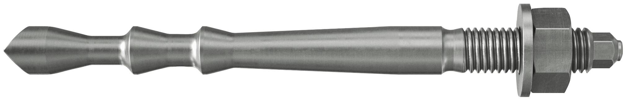 Un boulon d'ancrage en métal avec une extrémité pointue, une tige filetée, une rondelle et un écrou, présenté horizontalement sur un fond blanc.