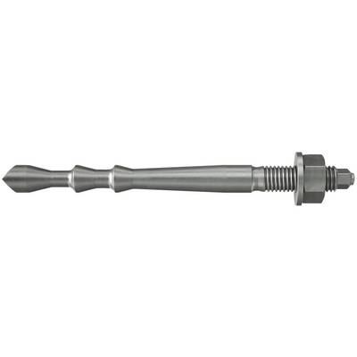 Un boulon d'ancrage en métal avec une extrémité pointue, une tige filetée, une rondelle et un écrou, présenté horizontalement sur un fond blanc.
