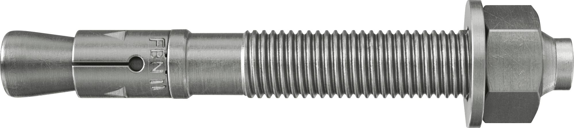 Boulon d'ancrage à expansion métallique avec tige filetée, pointe conique et écrou hexagonal sur fond blanc.
