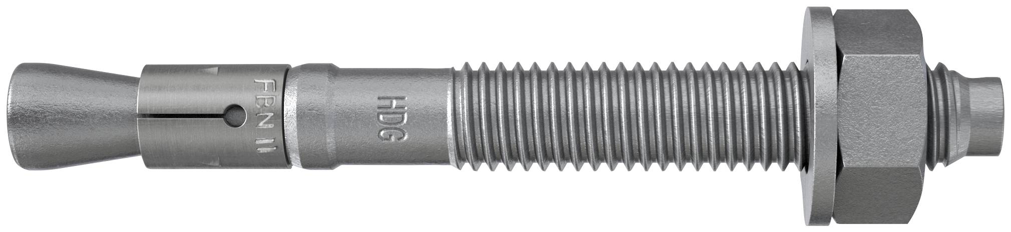 Boulon d'ancrage à expansion métallique avec tige filetée, embout conique effilé et écrou hexagonal sur la droite.
