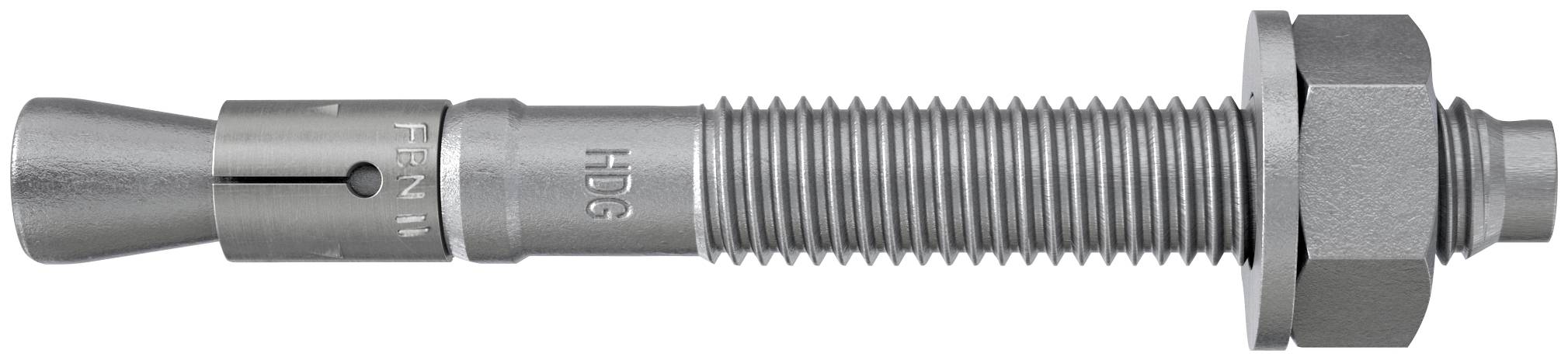 Boulon d'ancrage à expansion métallique avec tige filetée, pointe conique et écrou hexagonal sur fond blanc.