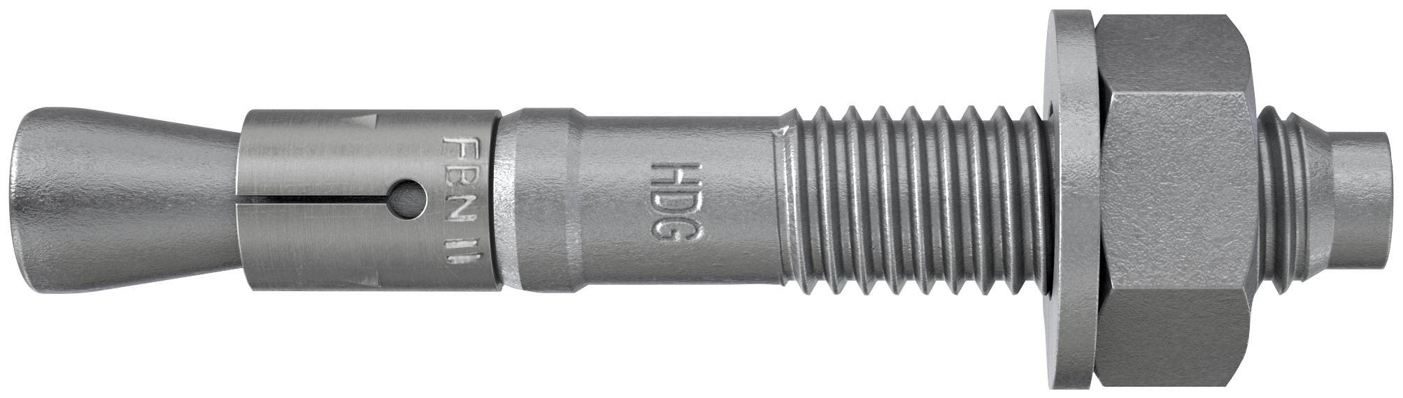 Boulon d'ancrage à expansion métallique avec pointe conique, manchon fendu, tige filetée et écrou hexagonal sur fond blanc.