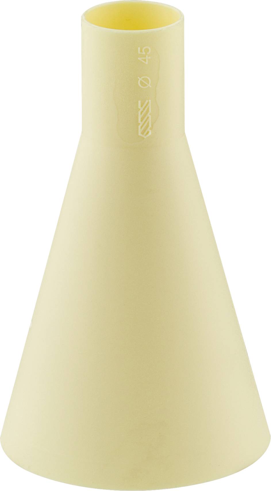 Un entonnoir ou adaptateur en plastique de couleur jaune pâle de forme conique effilée avec une ouverture large et un col étroit.