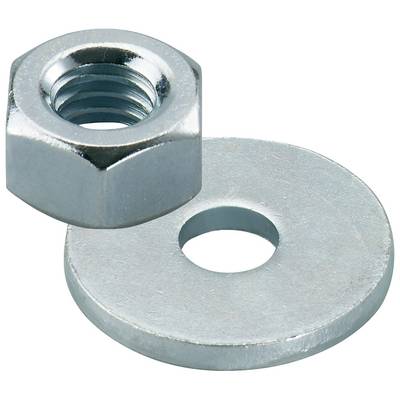Écrou hexagonal en métal reposant sur une rondelle plate, isolé sur un fond blanc.
