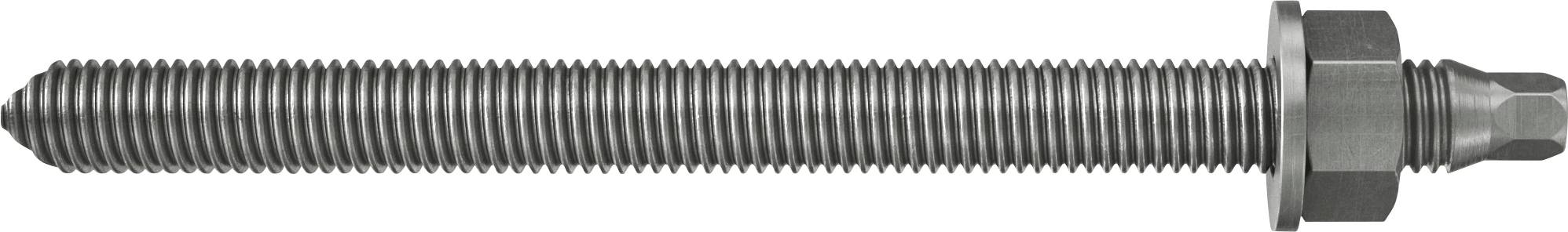 Boulon métallique fileté avec un écrou hexagonal et une rondelle à une extrémité, présenté horizontalement sur un fond blanc.