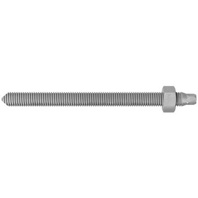 Boulon fileté en argent avec écrou hexagonal et extrémité pointue sur fond blanc.