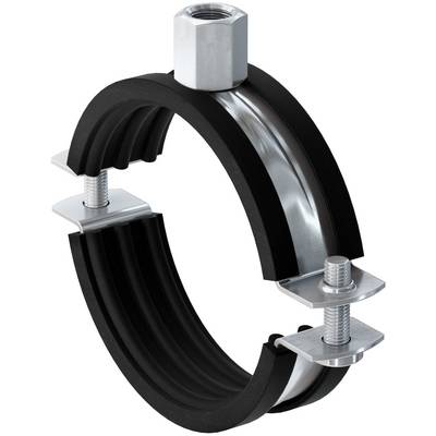 Collier de tuyau en caoutchouc noir avec boulons métalliques et écrou hexagonal, présenté isolé sur fond blanc.