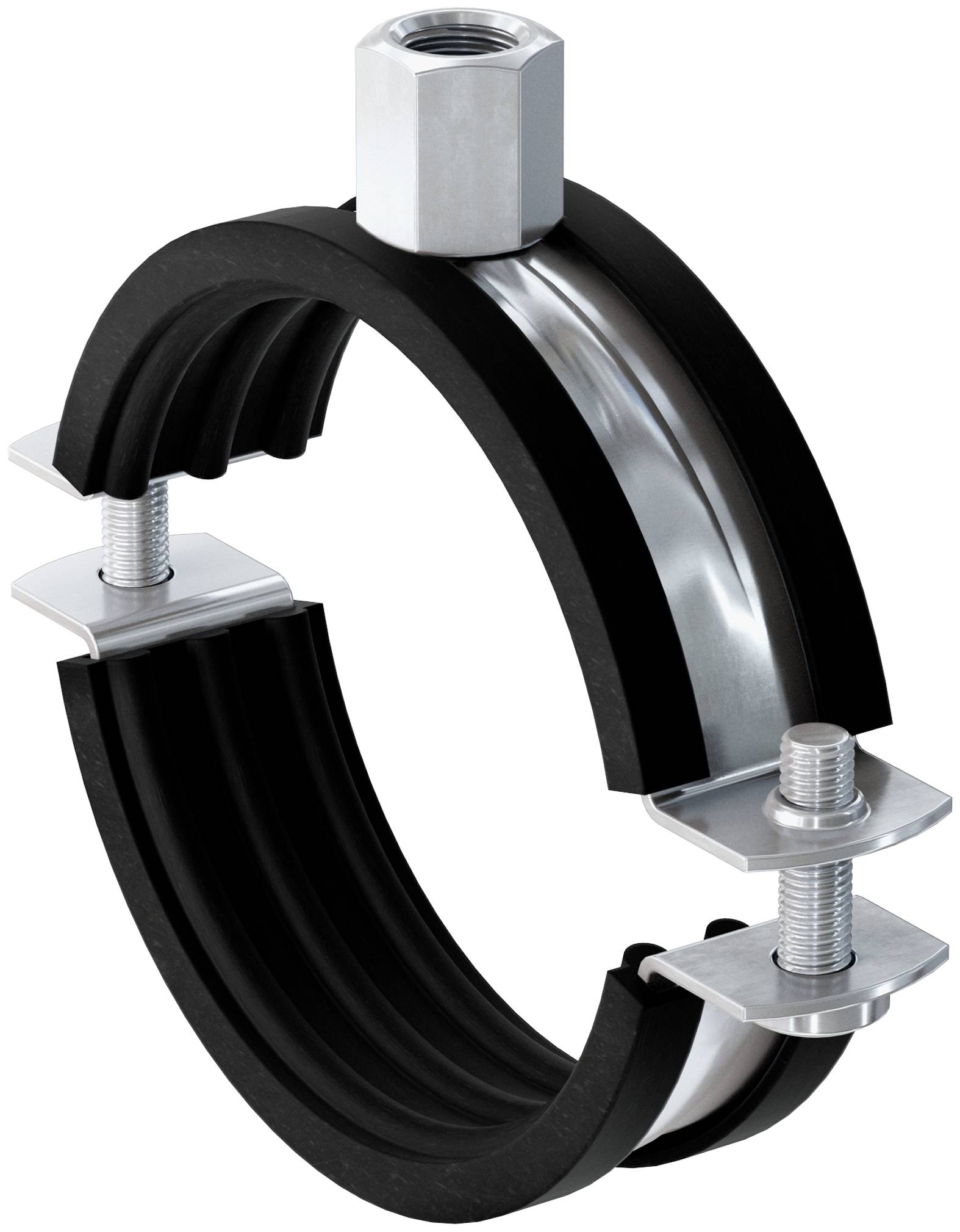 Collier de serrage pour tuyau métallique avec doublure en caoutchouc noir et supports argentés, serré autour d'un tuyau ou d'un conduit circulaire.