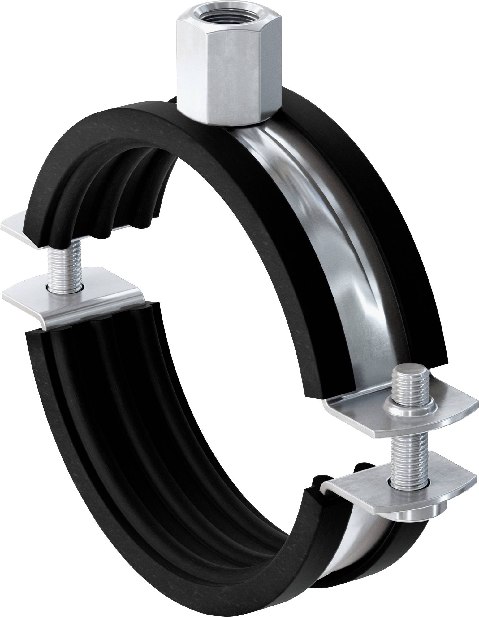 Collier de tuyauterie noir avec bande métallique argentée, boulons et écrou supérieur, montré isolé sur fond blanc.