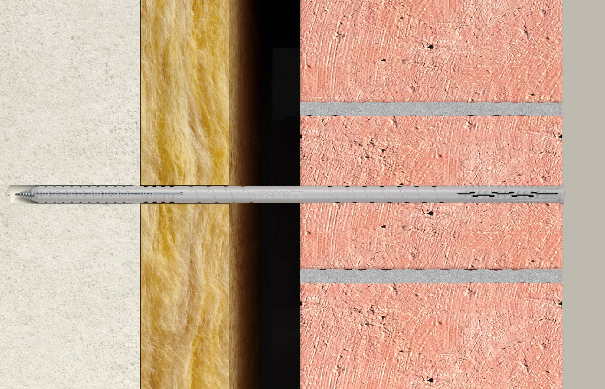 Coupe transversale d'un mur avec finition extérieure gauche, isolation et cavité sombre, et mur de brique droit, montrant une tige métallique horizontale ou une ancre passant à travers les couches.