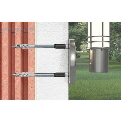 Assemblage de fixation murale avec deux fixations métalliques traversant la brique et l'isolant dans un support monté sur une structure extérieure cylindrique.