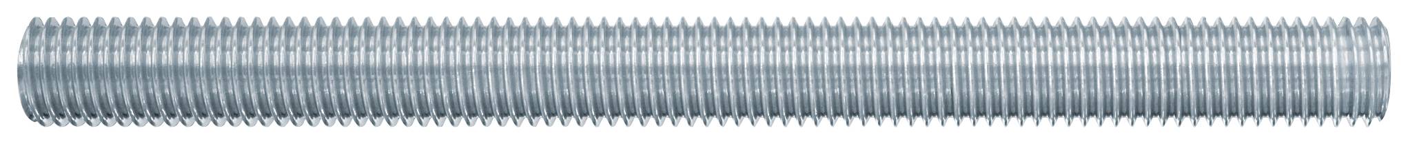 Un long boulon ou vis filetés en argent montré horizontalement sur un fond blanc uni.