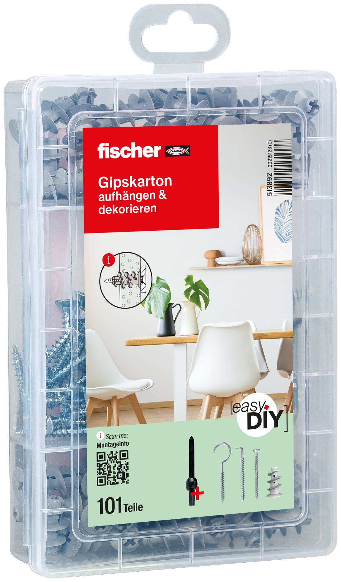 Kit Fischer « Panneau de plâtre à suspendre et décorer » DIY dans un boîtier organisateur en plastique transparent, étiqueté avec 101 pièces pour fixation de cloisons sèches et décoration.