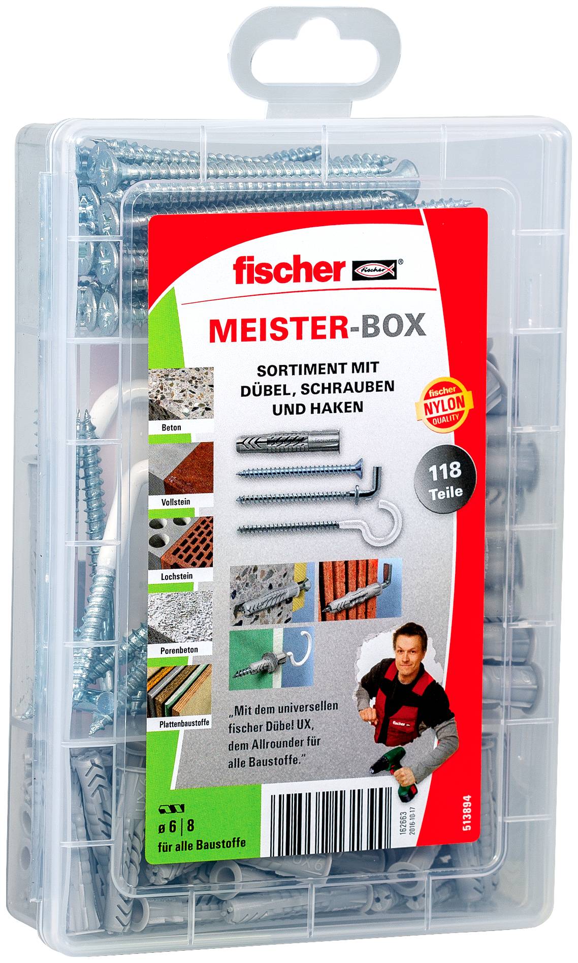 Boîte organisatrice en plastique étiquetée 'fischer MEISTER-BOX' contenant des chevilles, vis et crochets assortis, marquée '118 Teile' et 'nylon' pour usage en construction.