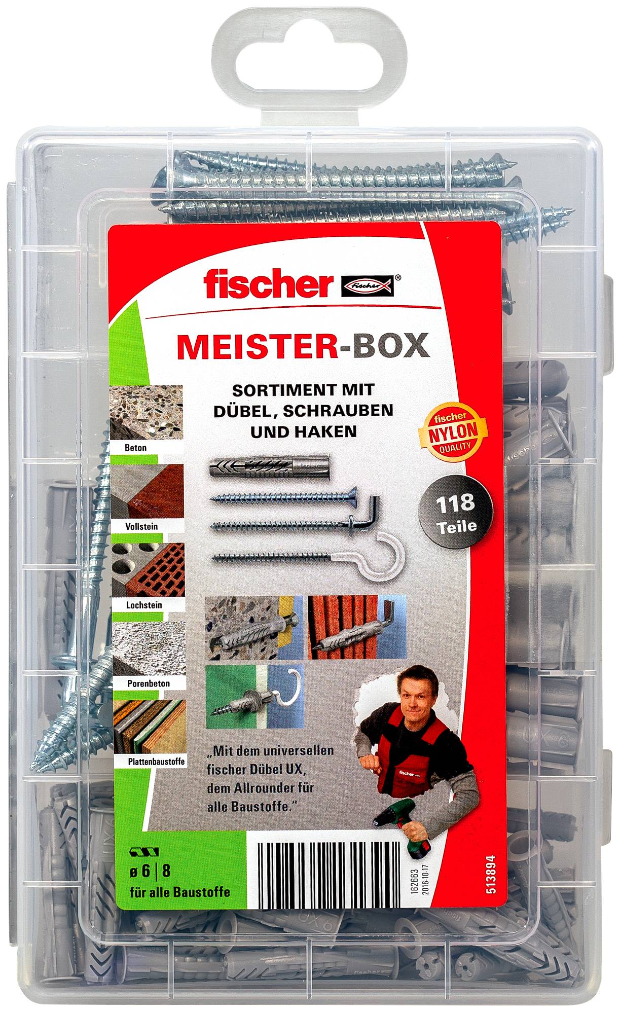 Boîte de rangement en plastique transparent Fischer Meister-Box contenant des chevilles en nylon assorties, des vis et des crochets, étiquetée 118 pièces pour tous les matériaux de construction.